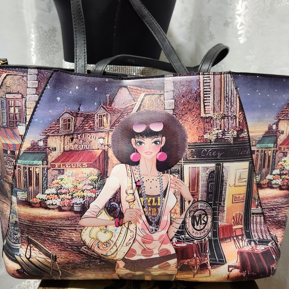 Michael Michelle Large Coated Canvas Printed French Market Scene Tote Bag - Picture 13 of 13